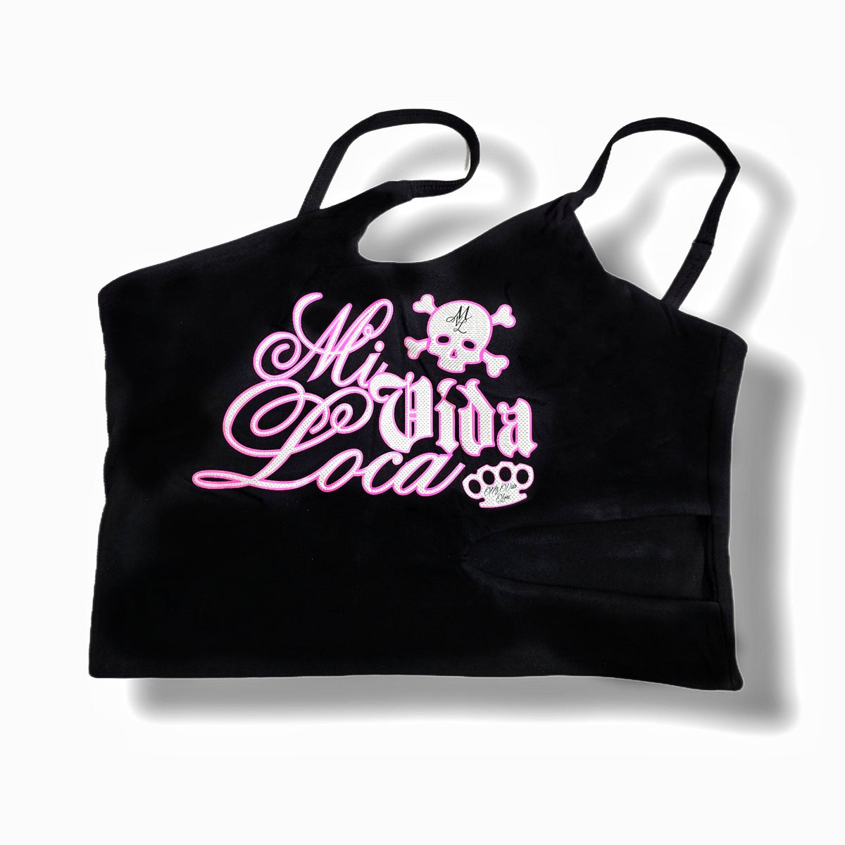 Front of the black MVL Babe Skull one-shoulder top with pink Mi Vida Loca print and skull