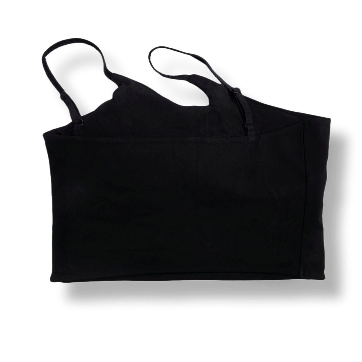 Back of the black MVL Babe Skull one-shoulder top with thin straps