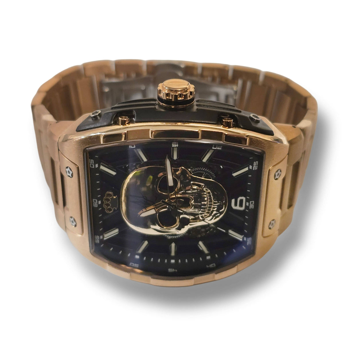 Vista frontale del MVL Automatic Skull Watch oro rosa con teschio 3D su quadrante blu-nero
