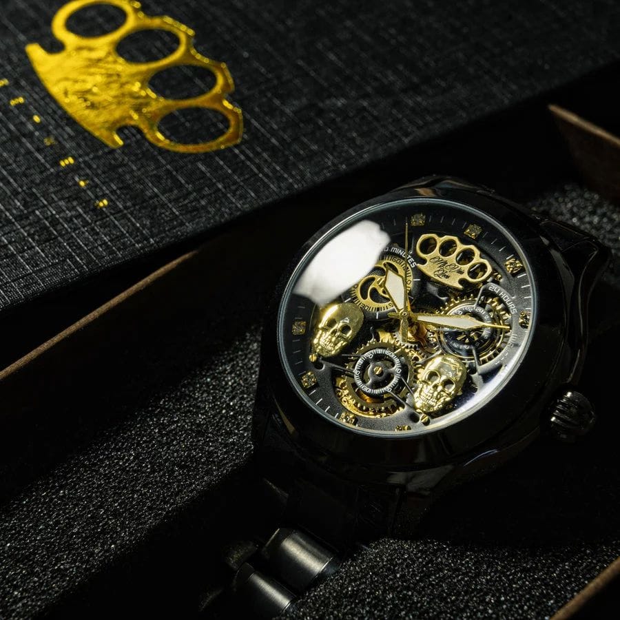Mi Vida Loca Double skull automatic watch in matte black with skeleton dial, in the MVL box