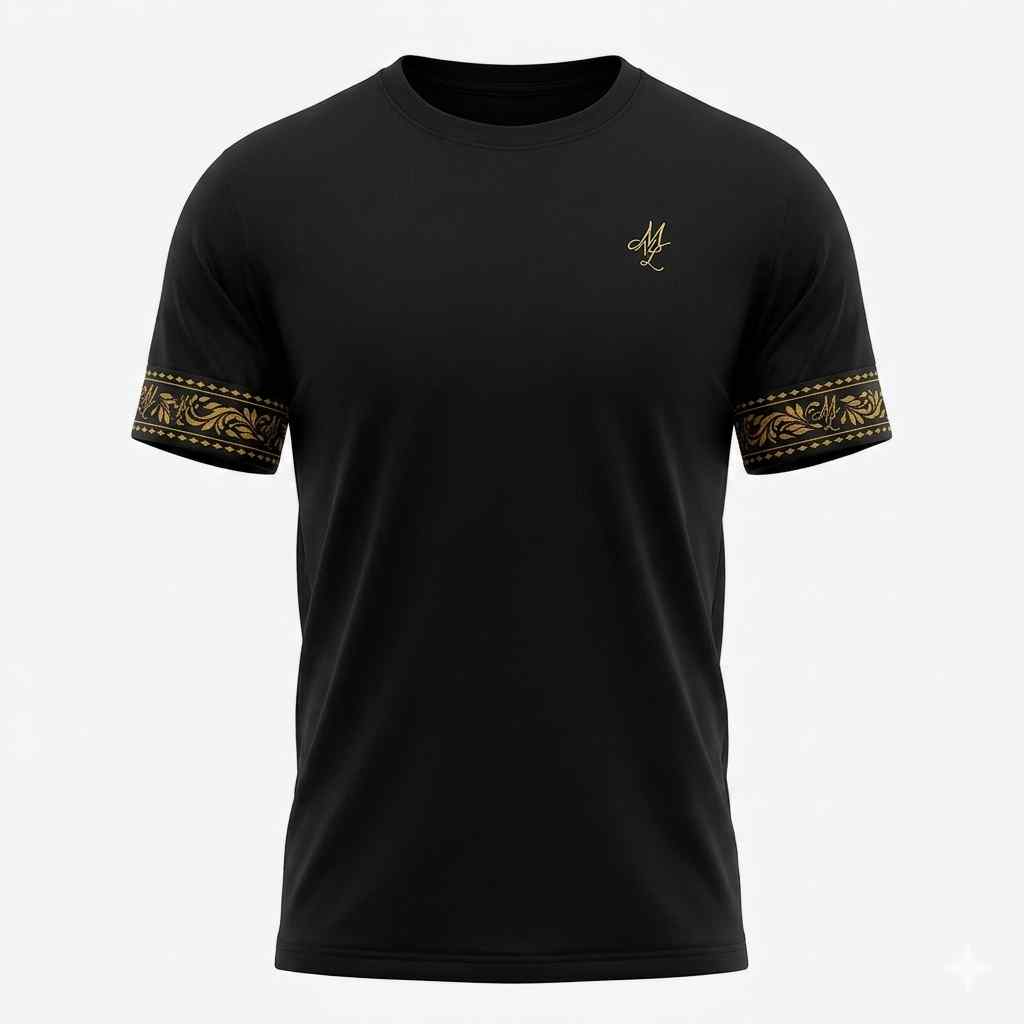 Mi Vida Loca Helix T-Shirt schwarz mit goldenem Meander Band um die Ärmel, Vorderseite
