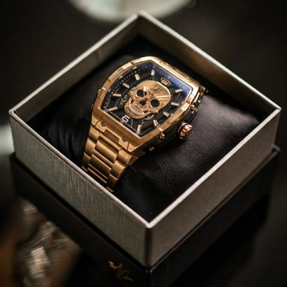 Orologio Mi Vida Loca Automatic Skull Watch oro rosa con bracciale in acciaio e quadrante teschio, nella sua scatola
