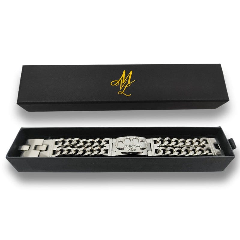 Bracciale Mi Vida Loca argento/argento, bracciale a maglie argento con logo MVL nella scatola nera aperta