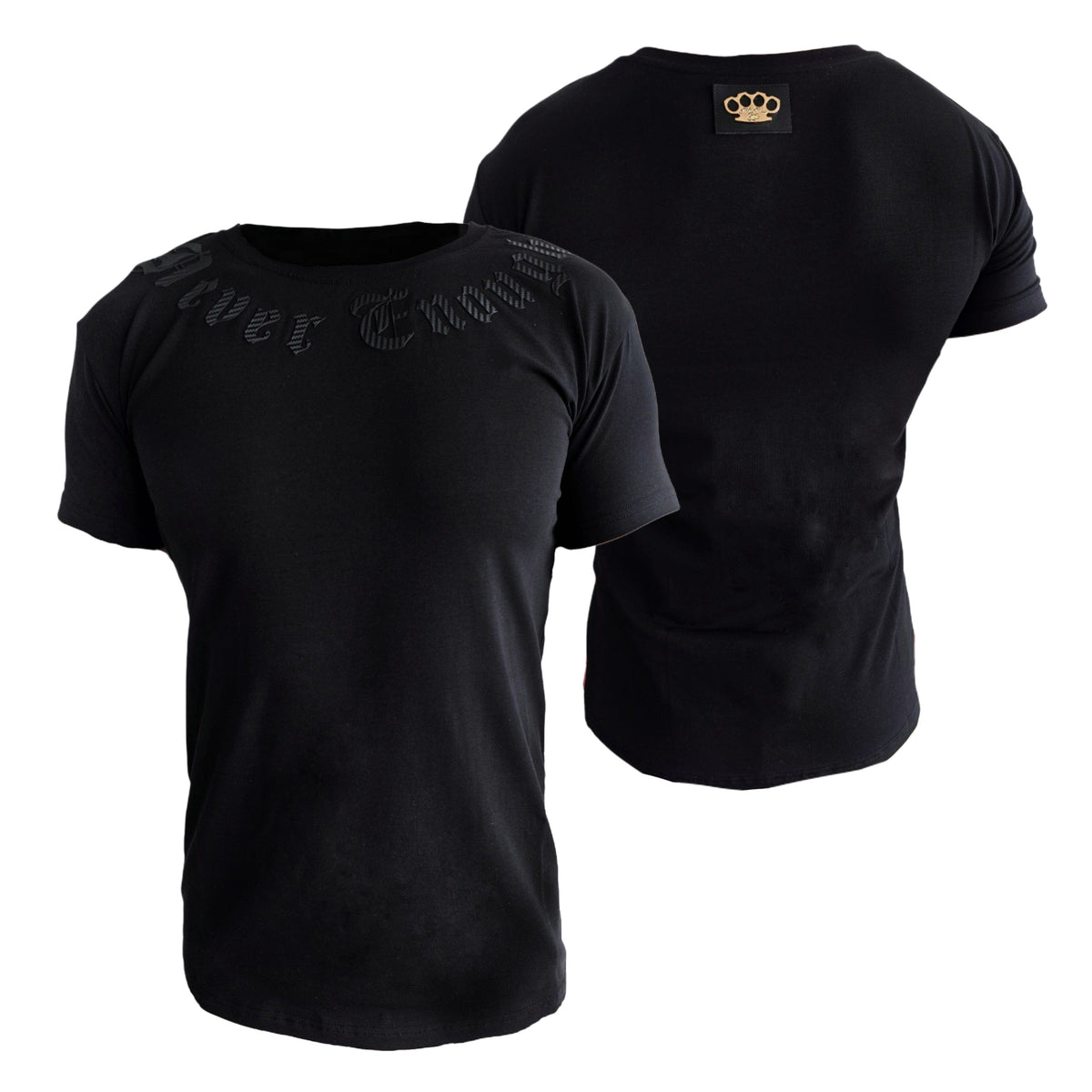 T-shirt Mi Vida Loca Gold line Never enough noir, devant et dos avec patch logo MVL