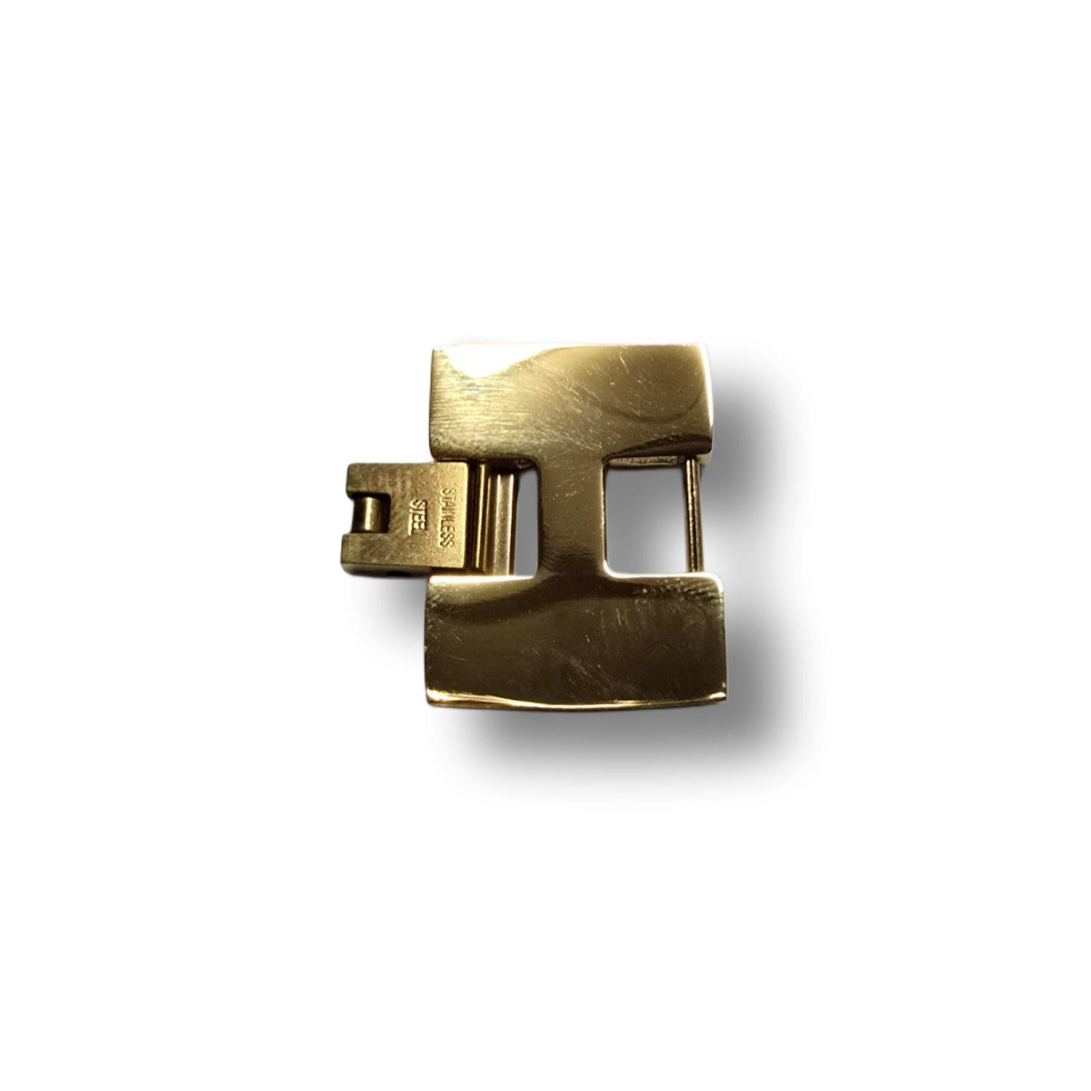 Goldene MVL Verlängerung für das Armband von oben gesehen, mit sichtbarem Verschlussmechanismus