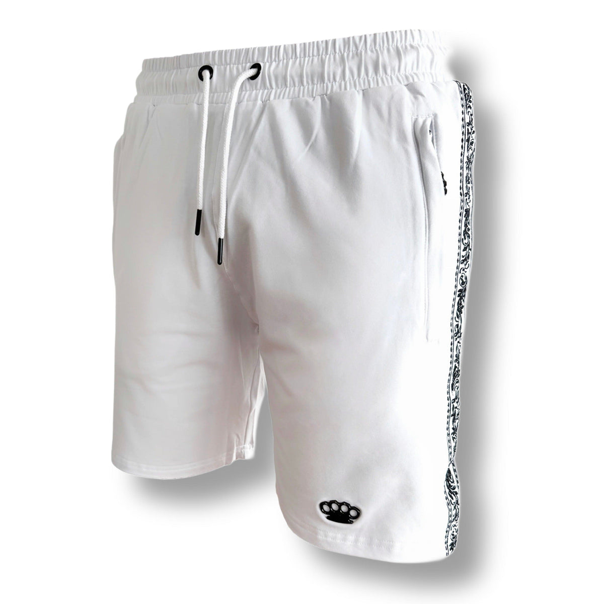 Short MVL Meander blanc avec cordon, poche zippée et logo MVL noir, vue de face en biais
