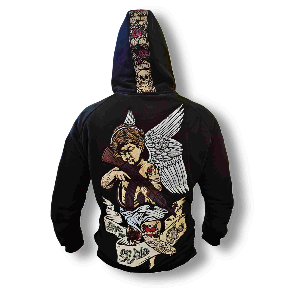 Espalda de la sudadera MVL Cupid with gun negra con bordado en la espalda y la capucha, fondo blanco