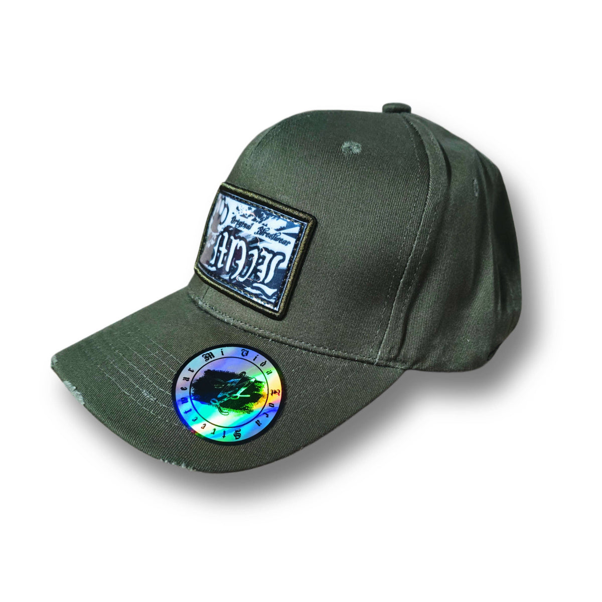 MVL Original streetwear curved cap army green van opzij met square patch logo op de voorkant