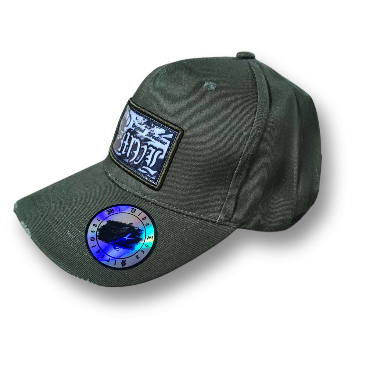 Mi Vida Loca Original streetwear curved cap army green met patch logo en holografische sticker op de klep
