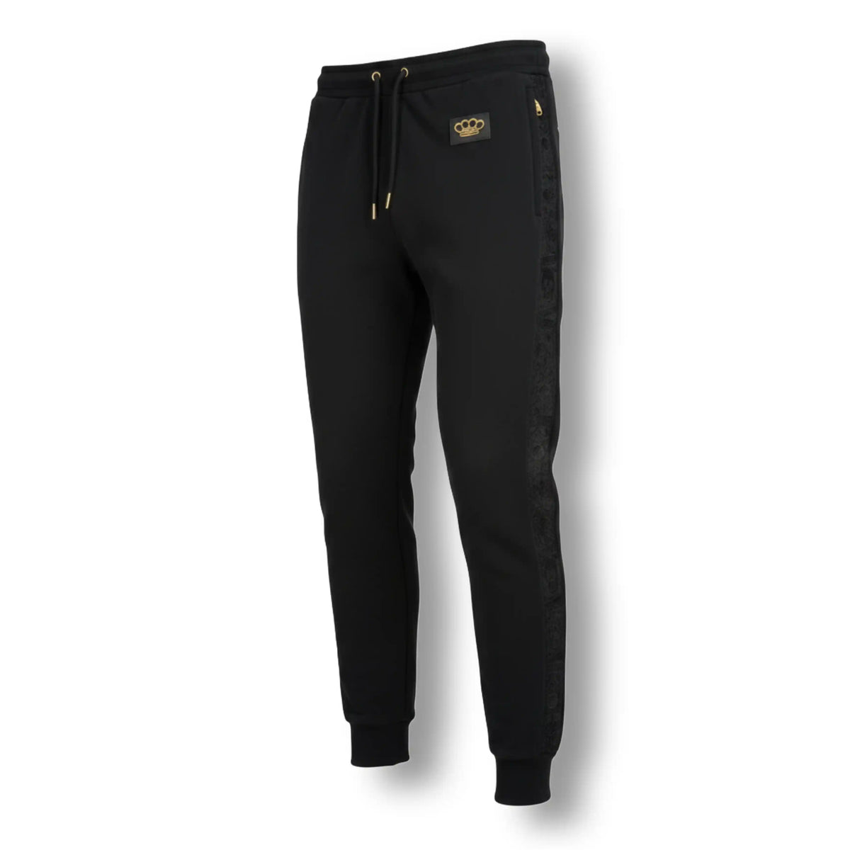 Jogger Mi Vida Loca LFR Tracksuit negro, delantera con parche del logo MVL dorado y banda tono sobre tono en la pernera
