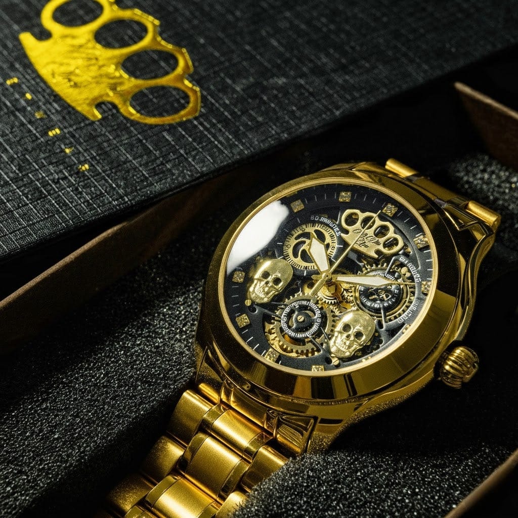 Mi Vida Loca Double skull Automatikuhr in Gold mit Skelett-Zifferblatt und goldenen Totenköpfen, in der Box
