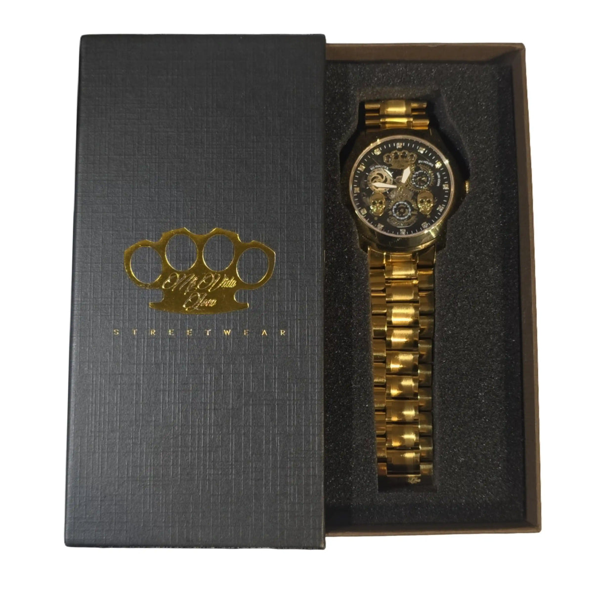 MVL Double skull Uhr Gold/Gold in der offenen schwarzen Geschenkbox mit goldenem MVL-Logo