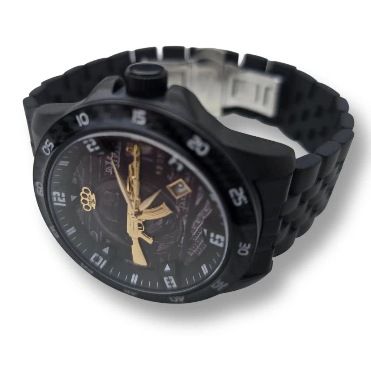Reloj automático MVL AK47 carbono negro, vista lateral con correa de eslabones y logo MVL dorado