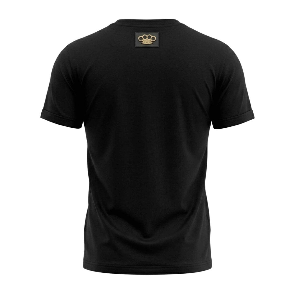 Camiseta MVL Defend your values negra, espalda con parche del logo MVL dorado en la nuca