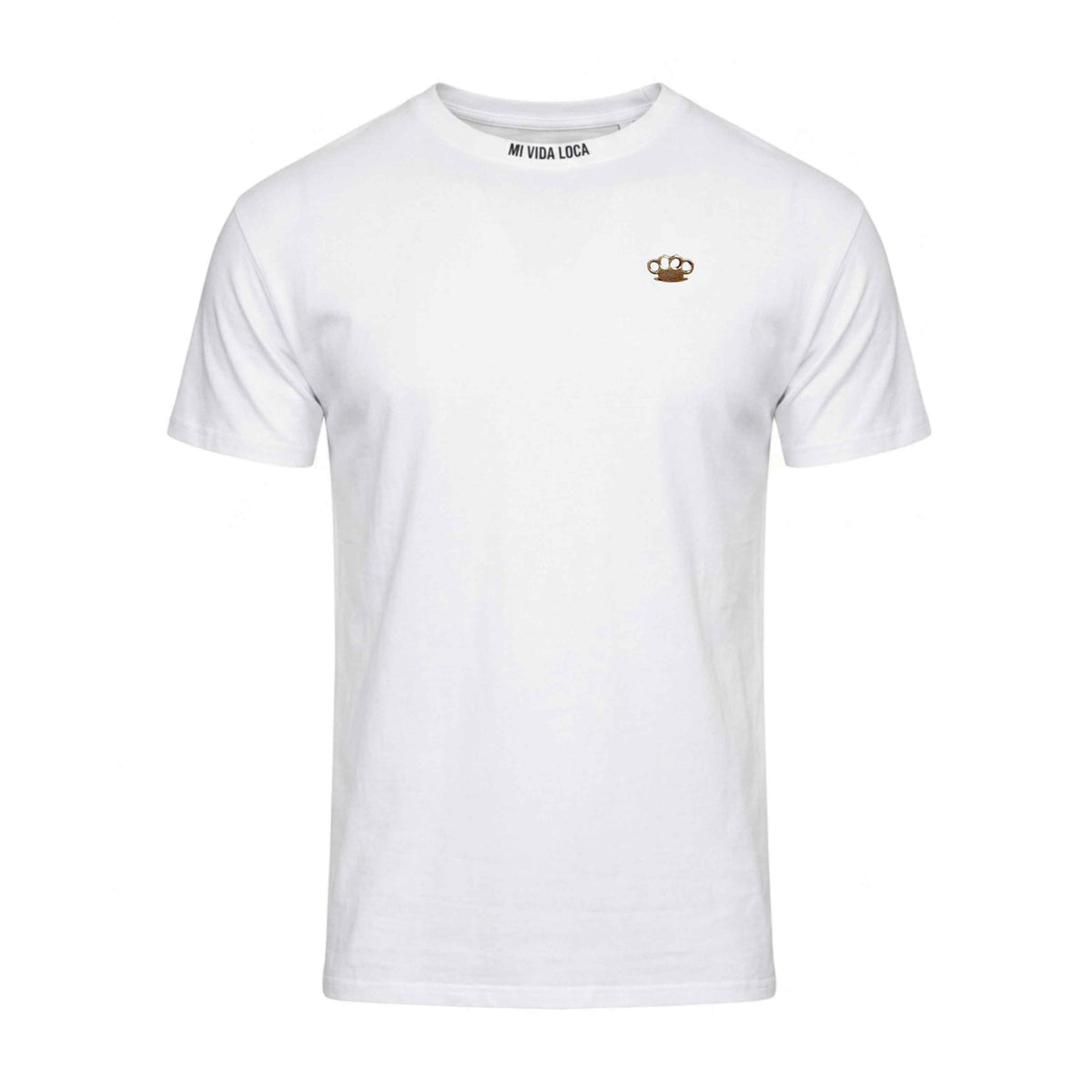 Fronte della T-shirt MVL Ink addict bianca con piccolo logo MVL sul petto e Mi Vida Loca sulla nuca
