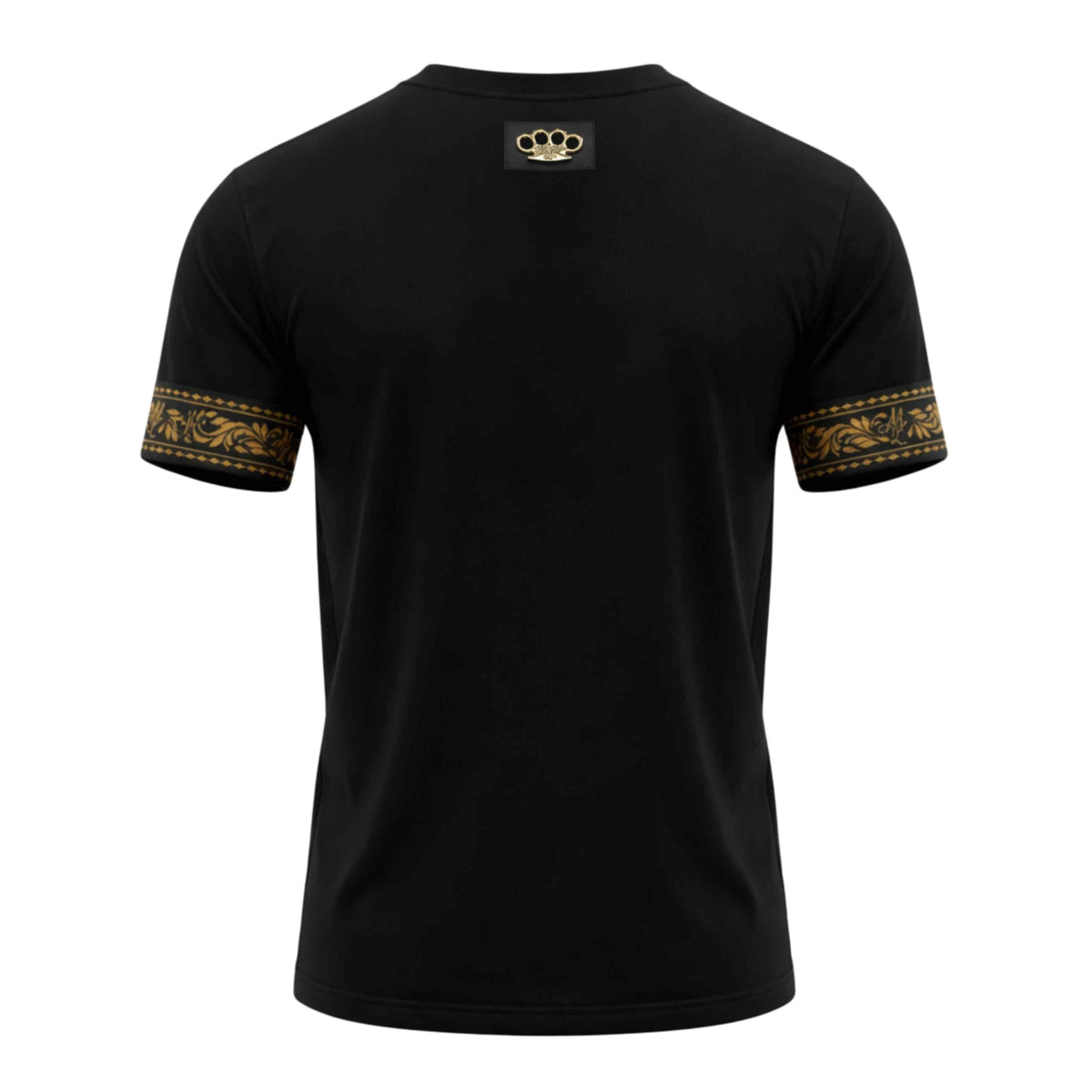 MVL Helix T-Shirt schwarz mit goldenem MVL-Logo im Nacken, Rückseite auf weißem Hintergrund