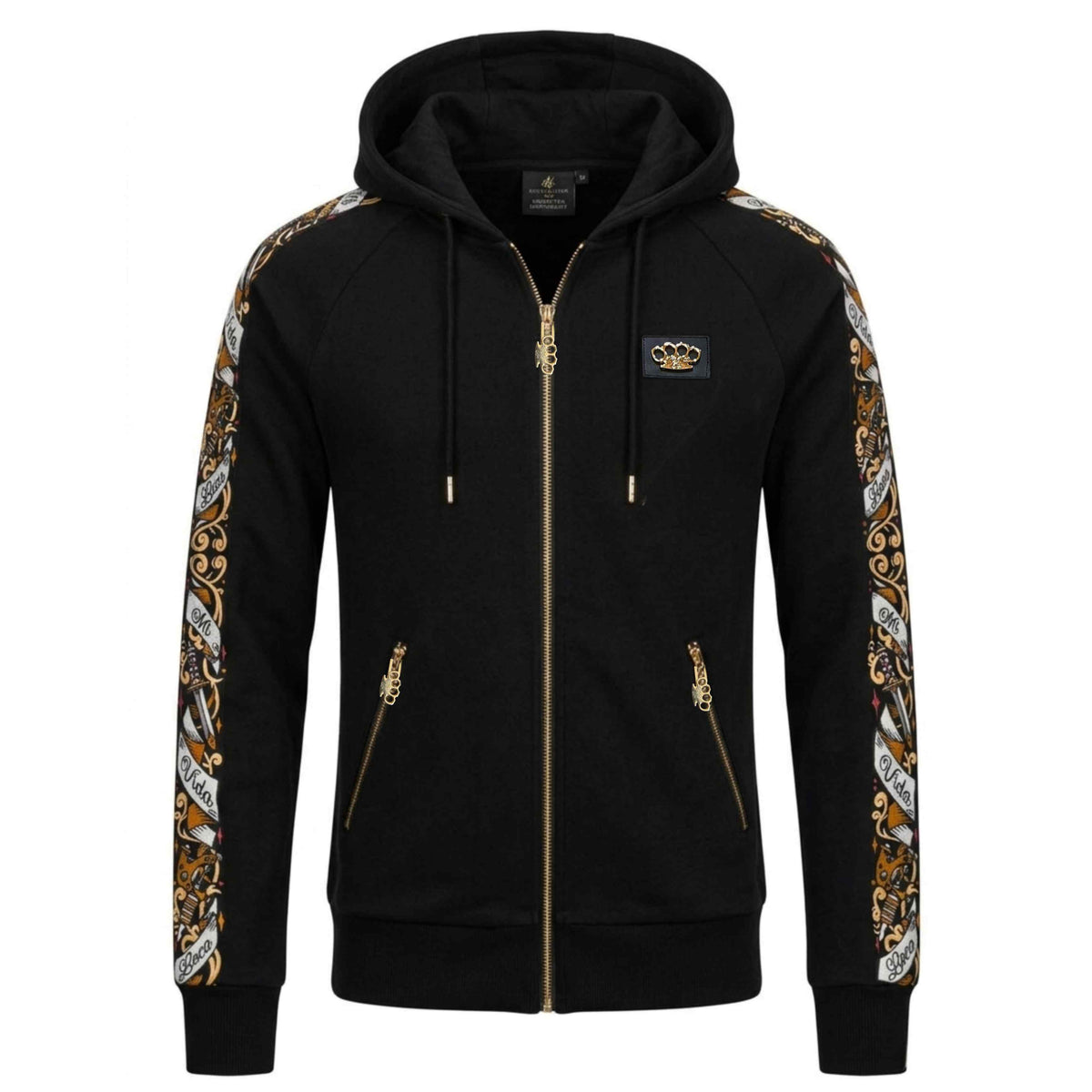 MVL Savage ornate Trainingsanzug-Hoodie schwarz mit goldenem Reißverschluss und MVL-Logo, gerade Vorderansicht