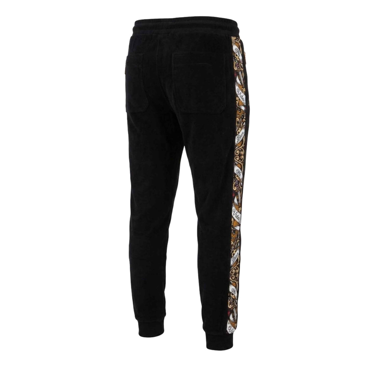 Rückseite der schwarzen MVL Savage ornate Jogginghose mit verziertem Seitenband
