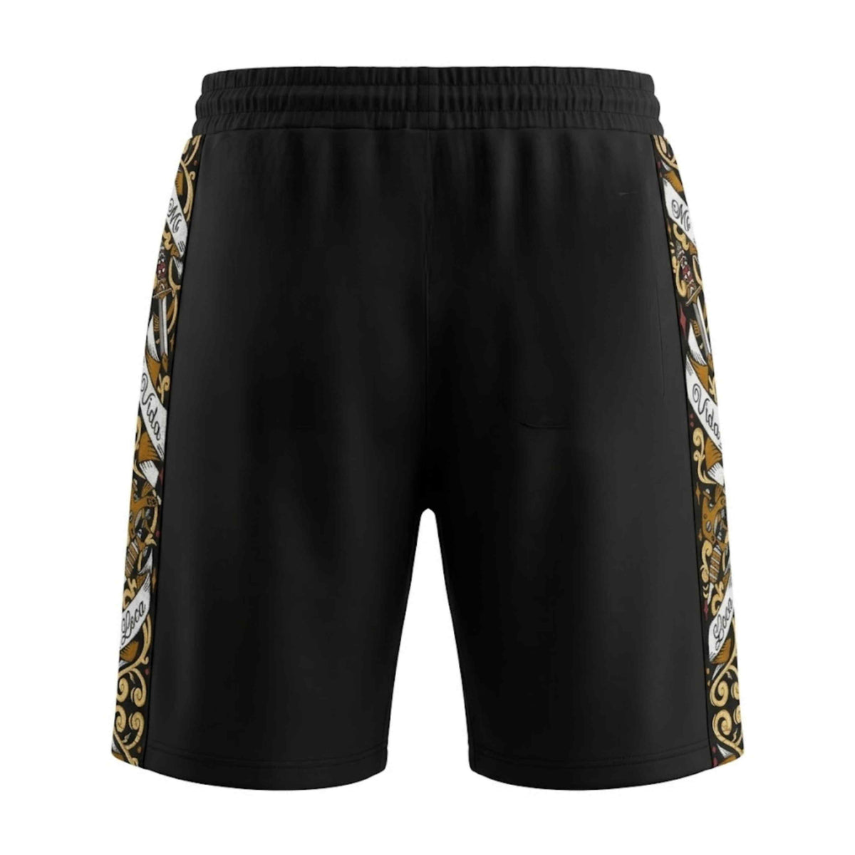 Dos du short Savage ornate noir avec bandes latérales ornementées sur fond blanc