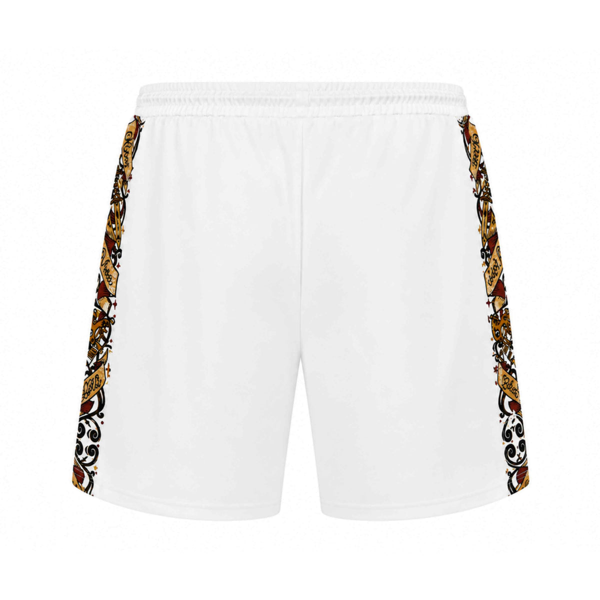 Savage ornate jogger shorts in white, back with the ornate band along both sides