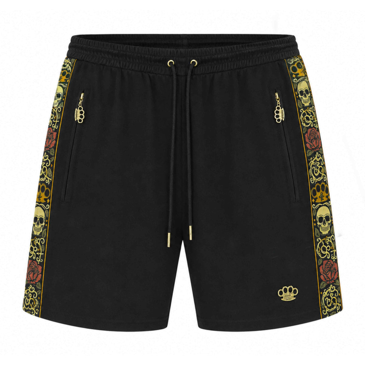 Short Mi Vida Loca Calavera noir avec bande brodée tête de mort et logo MVL doré, devant