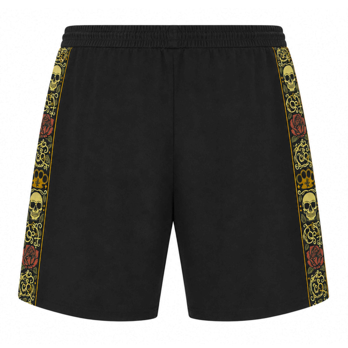 MVL Calavera Jogger-Shorts schwarz, Rückseite mit gesticktem Band mit Totenköpfen und Rosen