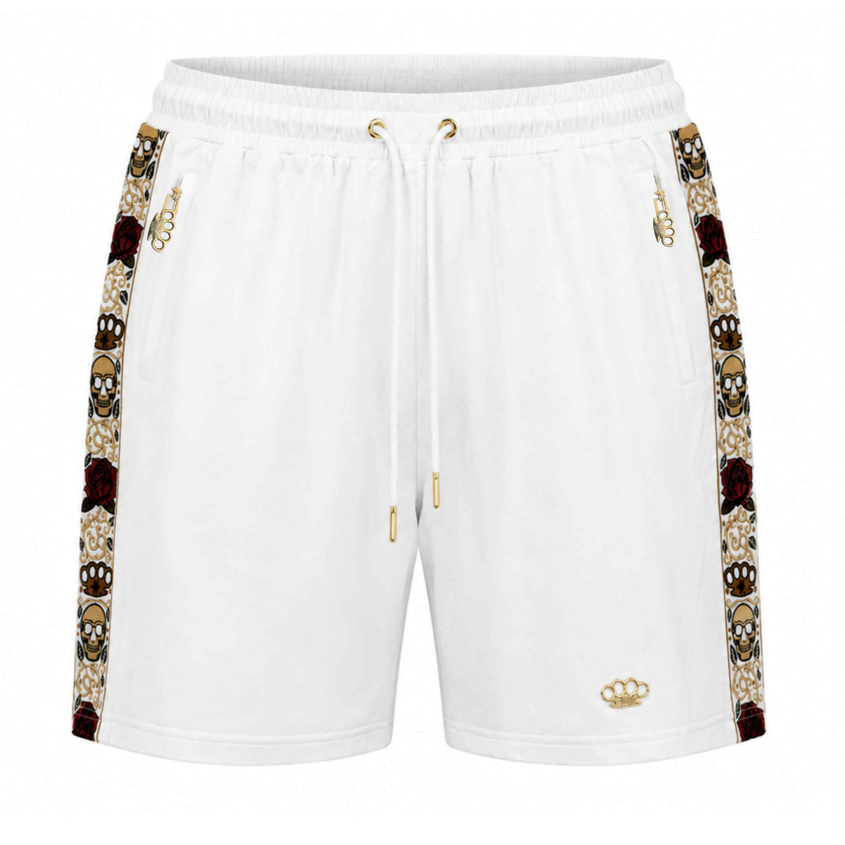 Short Mi Vida Loca Calavera blanc avec bandes latérales tête de mort et roses et logo MVL doré, devant
