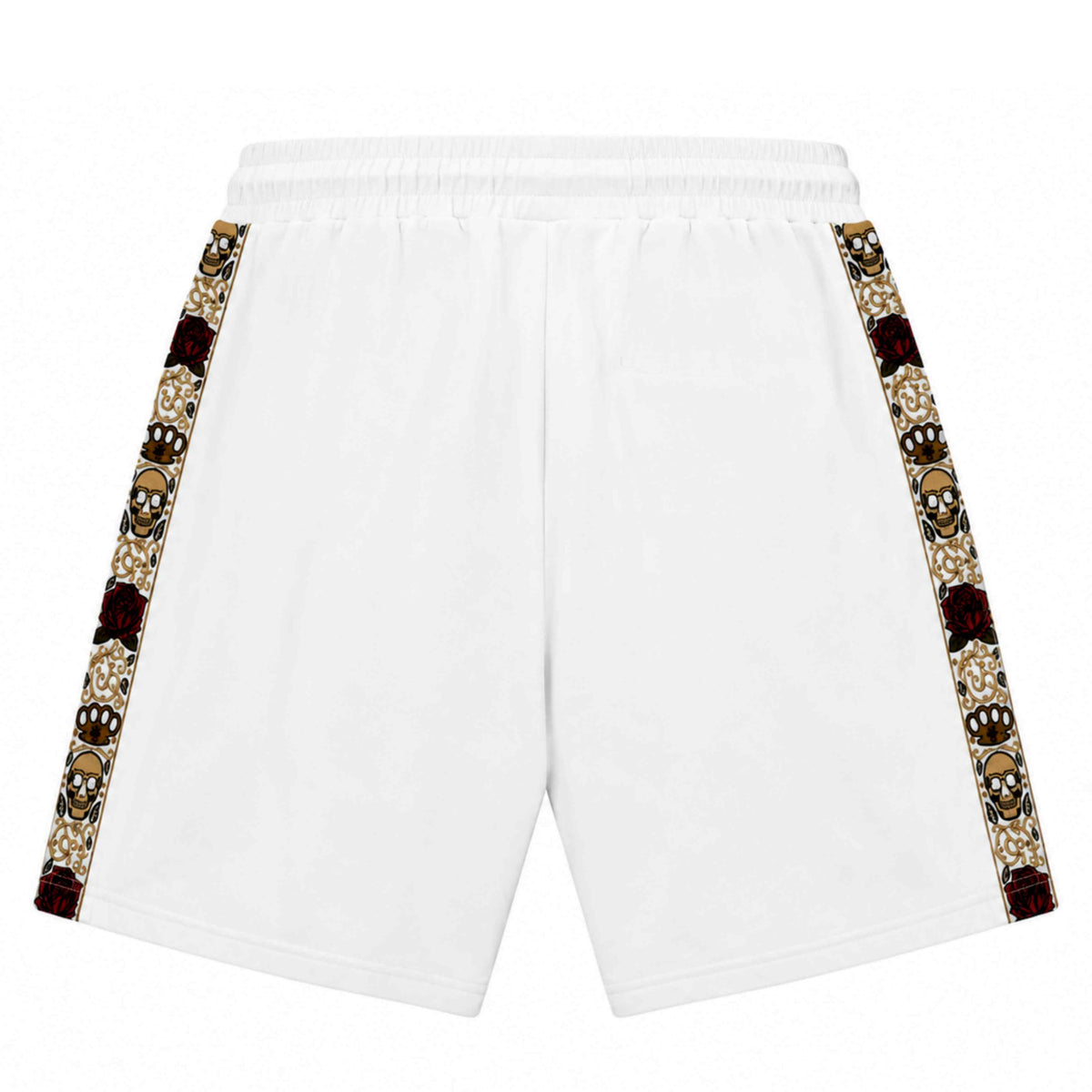 Achterkant van de witte Calavera korte broek met skull en rozen zijbanden op witte achtergrond