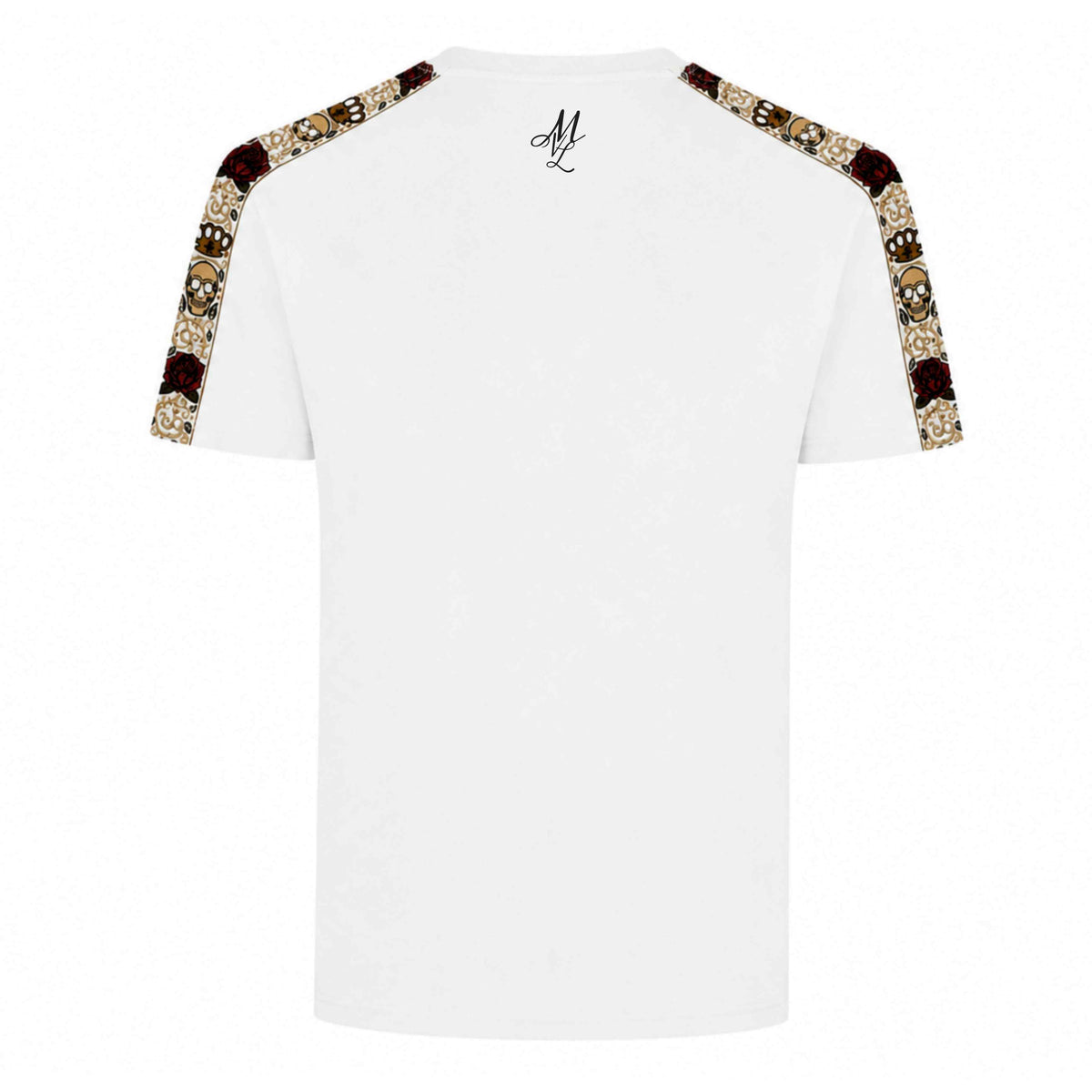 MVL Calavera T-shirt wit, achterkant met ML-monogram en skull-schouderbanden