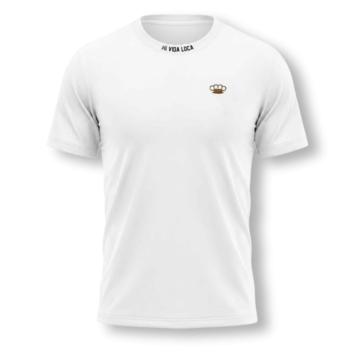 Trust nobody embroidery T-shirt wit, voorkant met Mi Vida Loca in de nek en klein gouden MVL logo op de borst