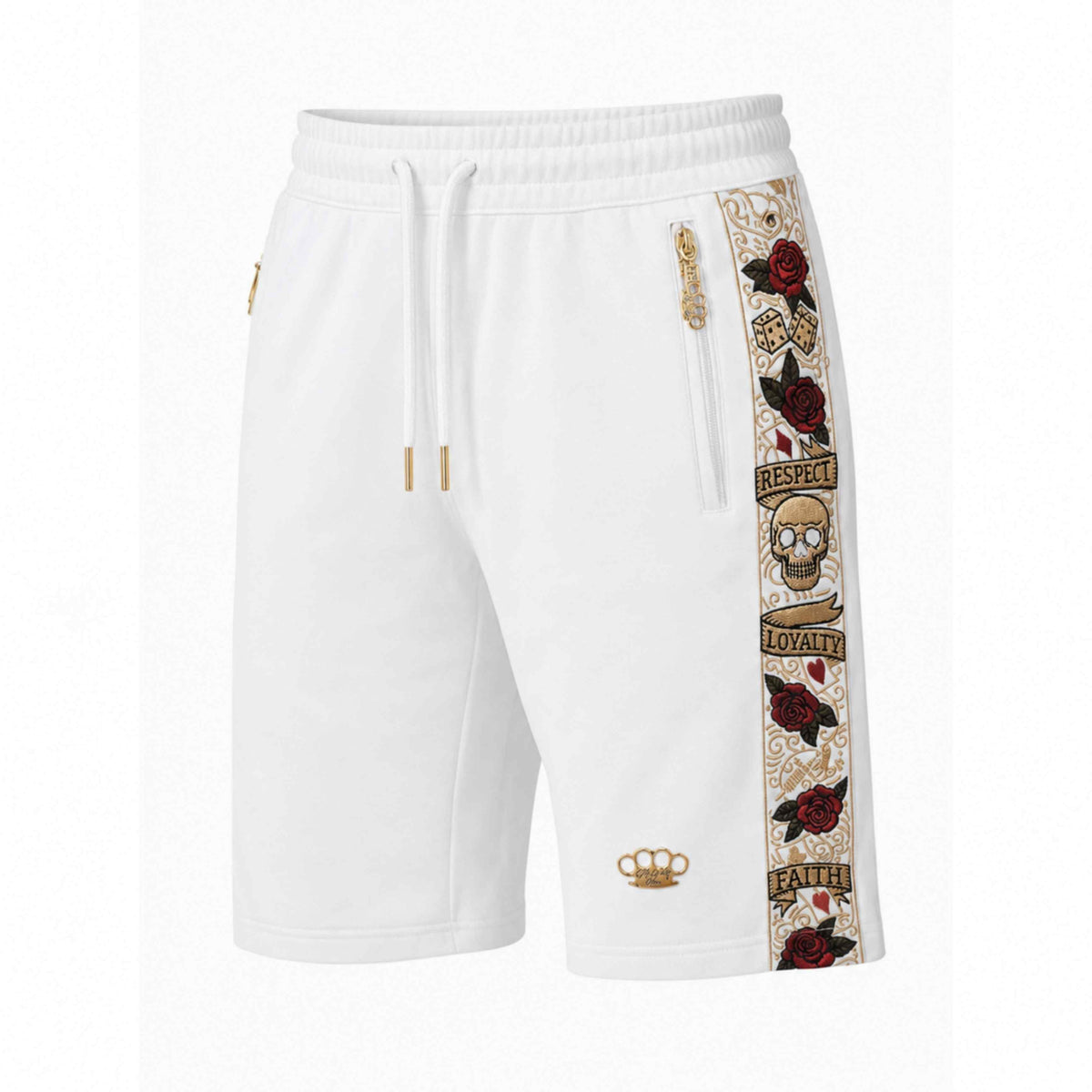 Shorts Mi Vida Loca LFR bianchi con banda laterale ricamata con teschio, rose e logo MVL, fronte