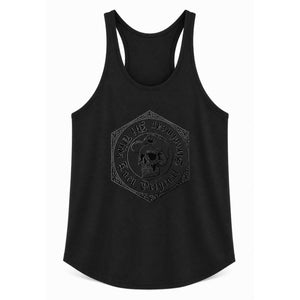 Camiseta de tirantes Mi Vida Loca Original streetwear negra, delantera con estampado de calavera 3D tono sobre tono en hexágono