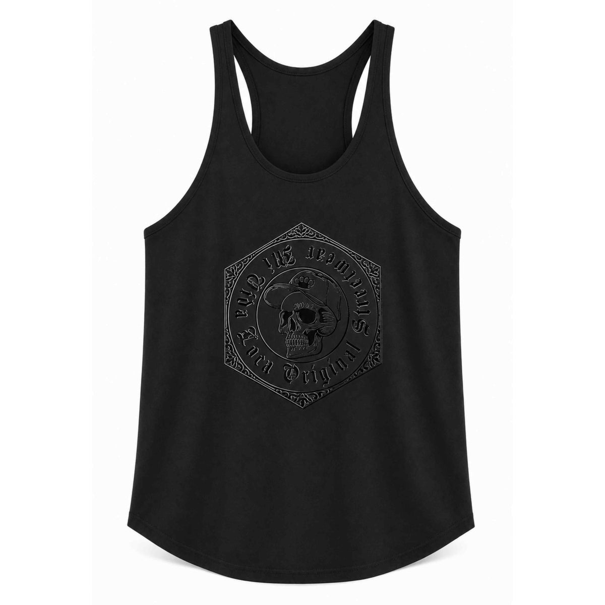 Camiseta de tirantes Mi Vida Loca Original streetwear negra, delantera con estampado de calavera 3D tono sobre tono en hexágono