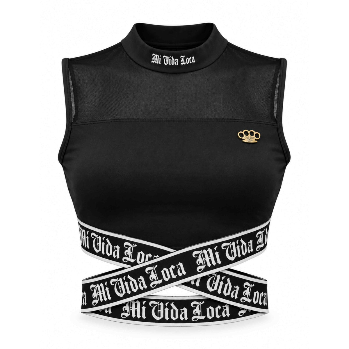 Top da donna Signature nero, fronte con collo alto, logo MVL dorato e fasce incrociate Mi Vida Loca