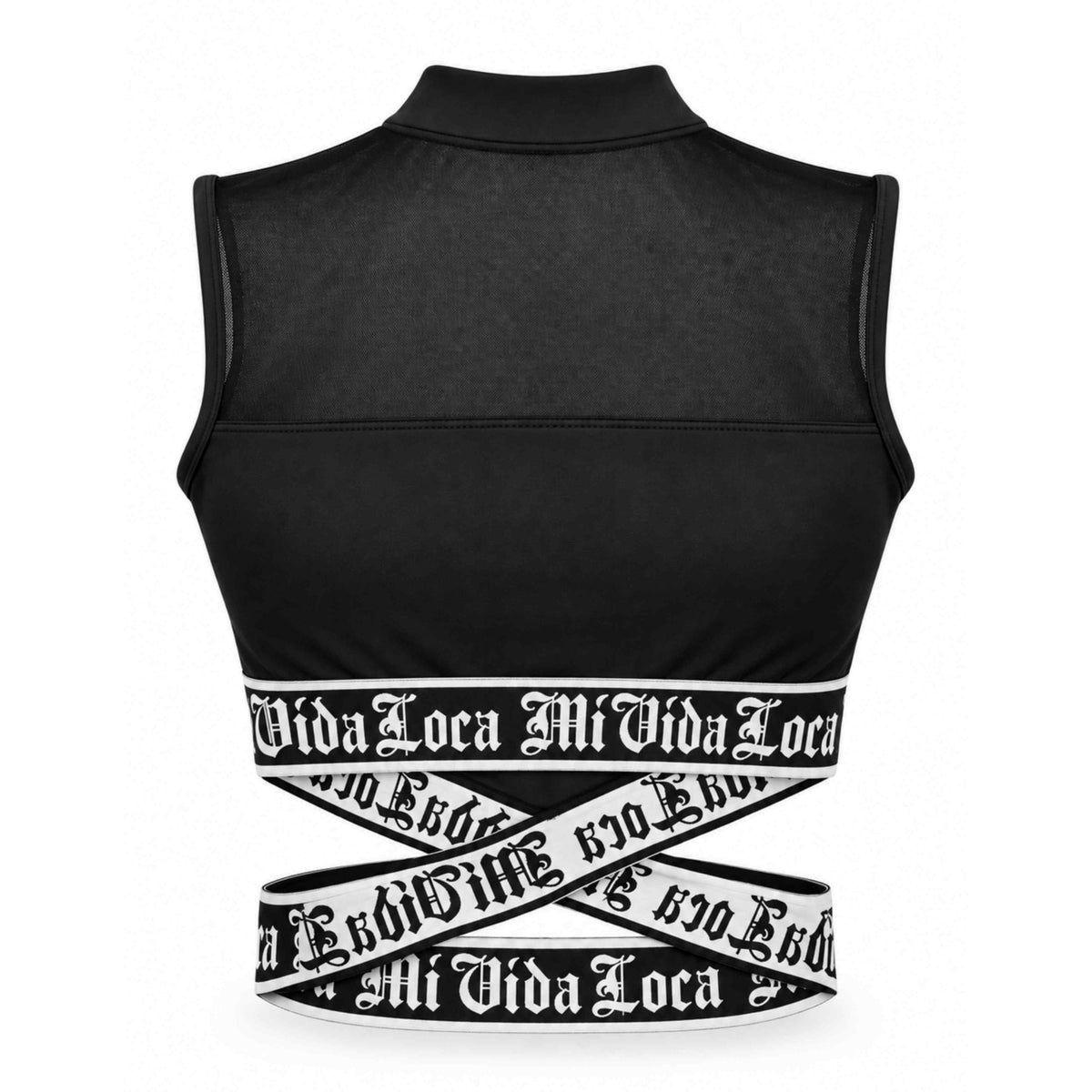 Top da donna Signature nero, retro con rete trasparente e fasce incrociate Mi Vida Loca