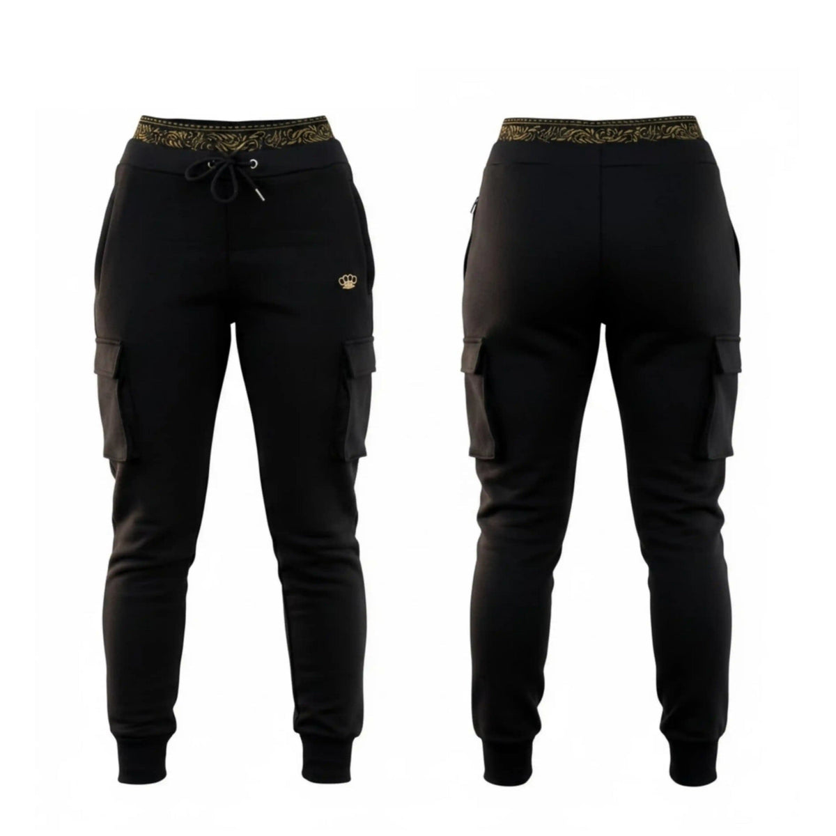 Pantaloni jogger da donna MVL Meander neri con tasche cargo, fronte e retro affiancati