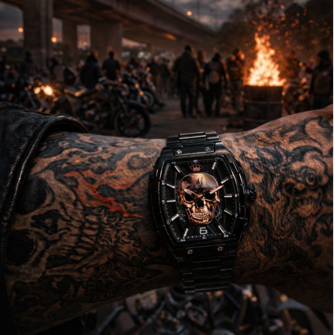 Автоматические часы MVL с черепом, японский механизм / стальной браслет черный/черный