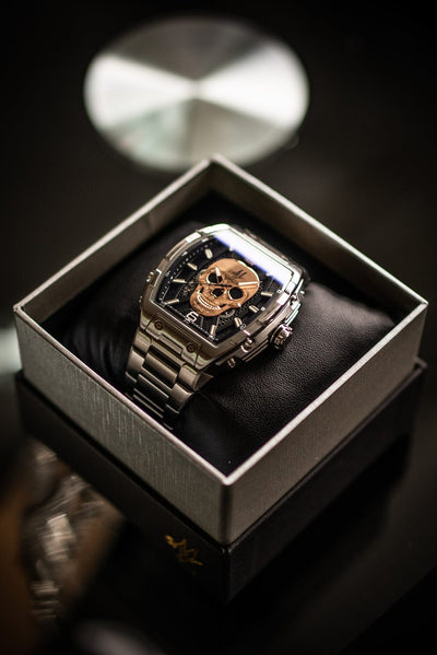 Автоматические часы MVL с черепом, японский механизм - стальной браслет - серебристые