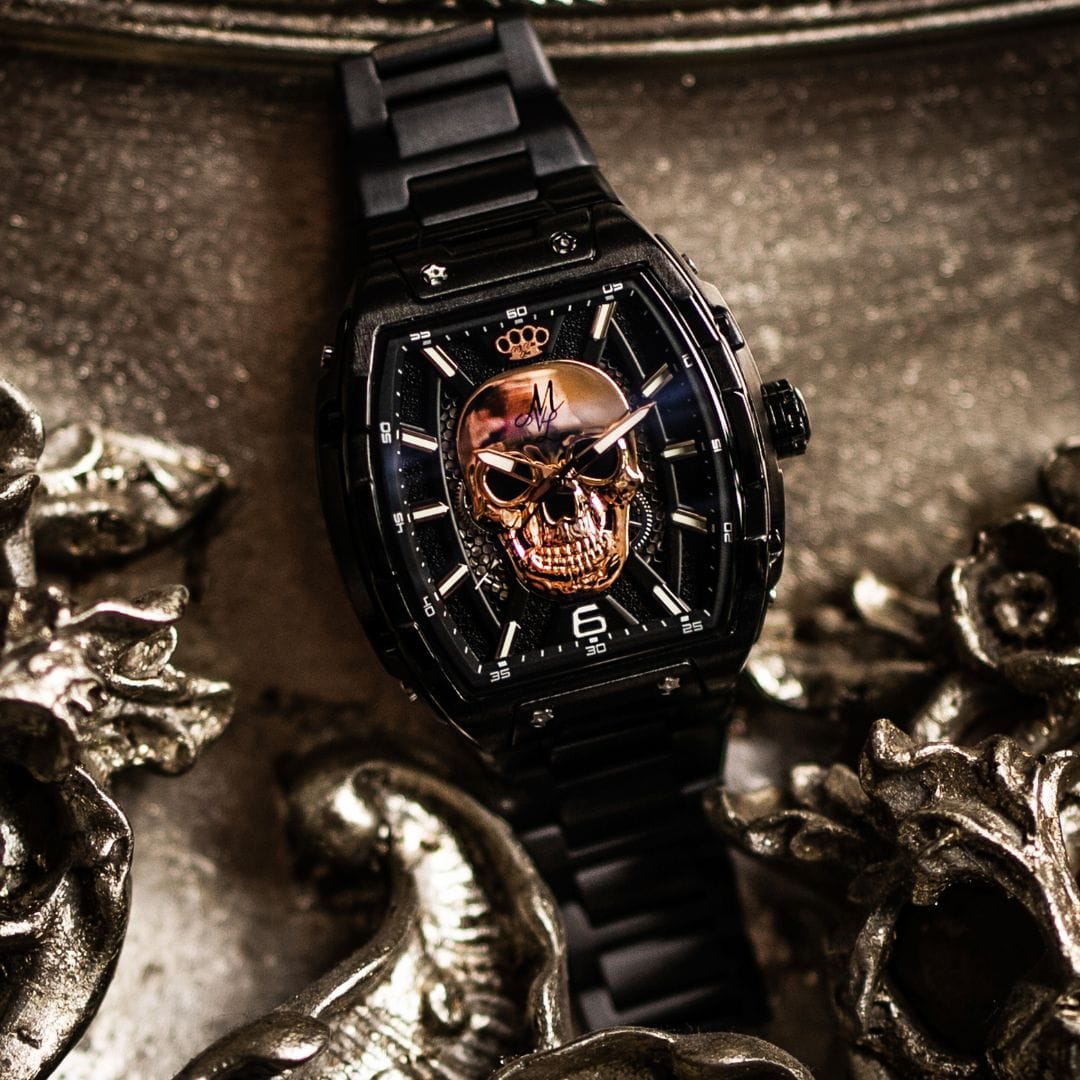 Автоматические часы MVL с черепом, японский механизм / стальной браслет черный/черный