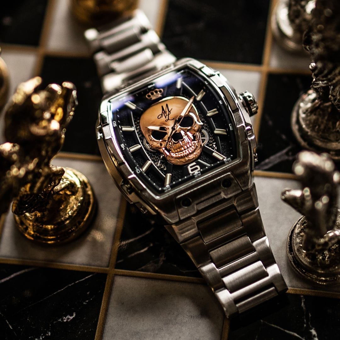 Автоматические часы MVL с черепом, японский механизм - стальной браслет - серебристые