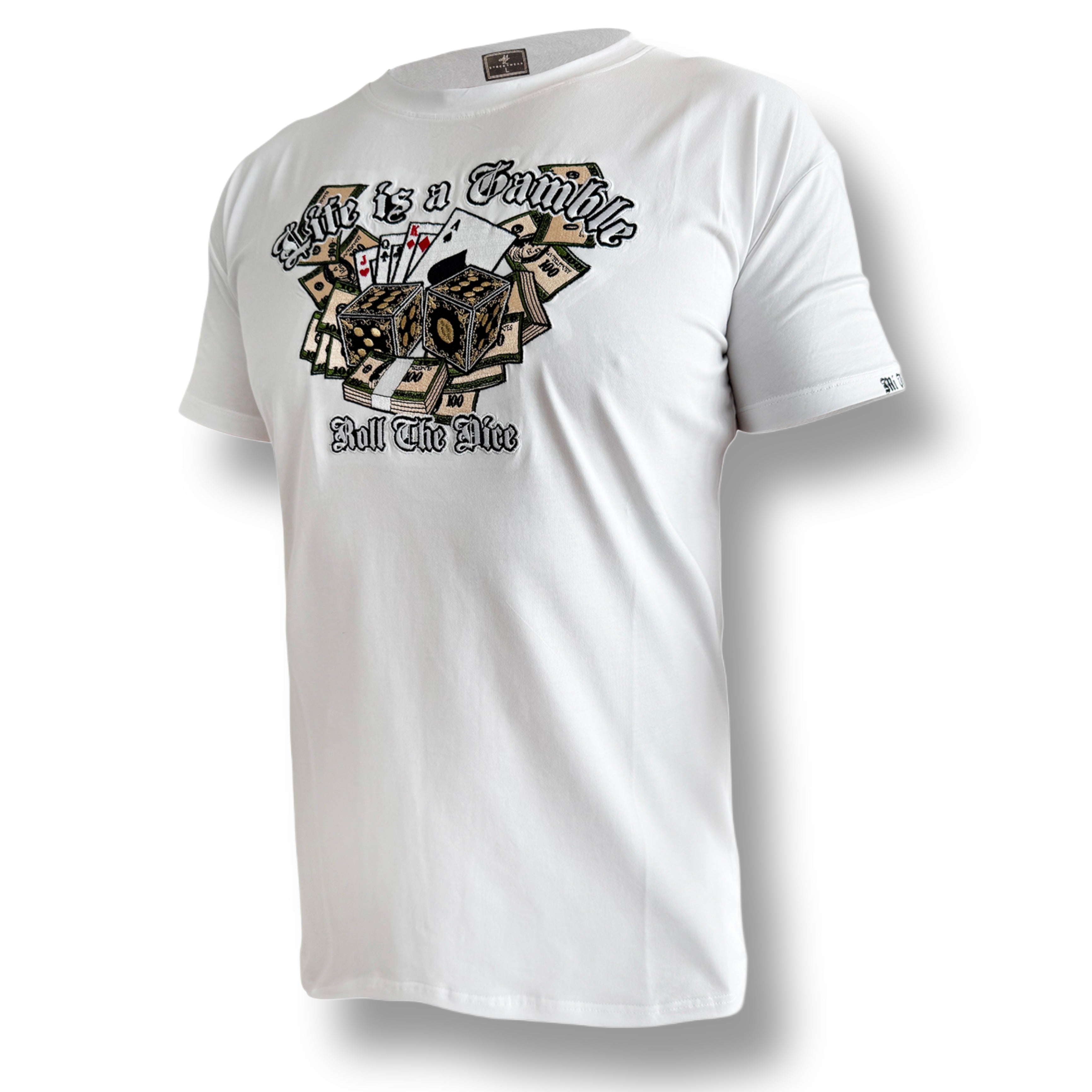 MVL Life ist ein Glücksspiel-Stickerei-T-Shirt - weiß