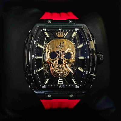 Reloj automático MVL con calavera, movimiento japonés / correa de silicona - negro/rojo