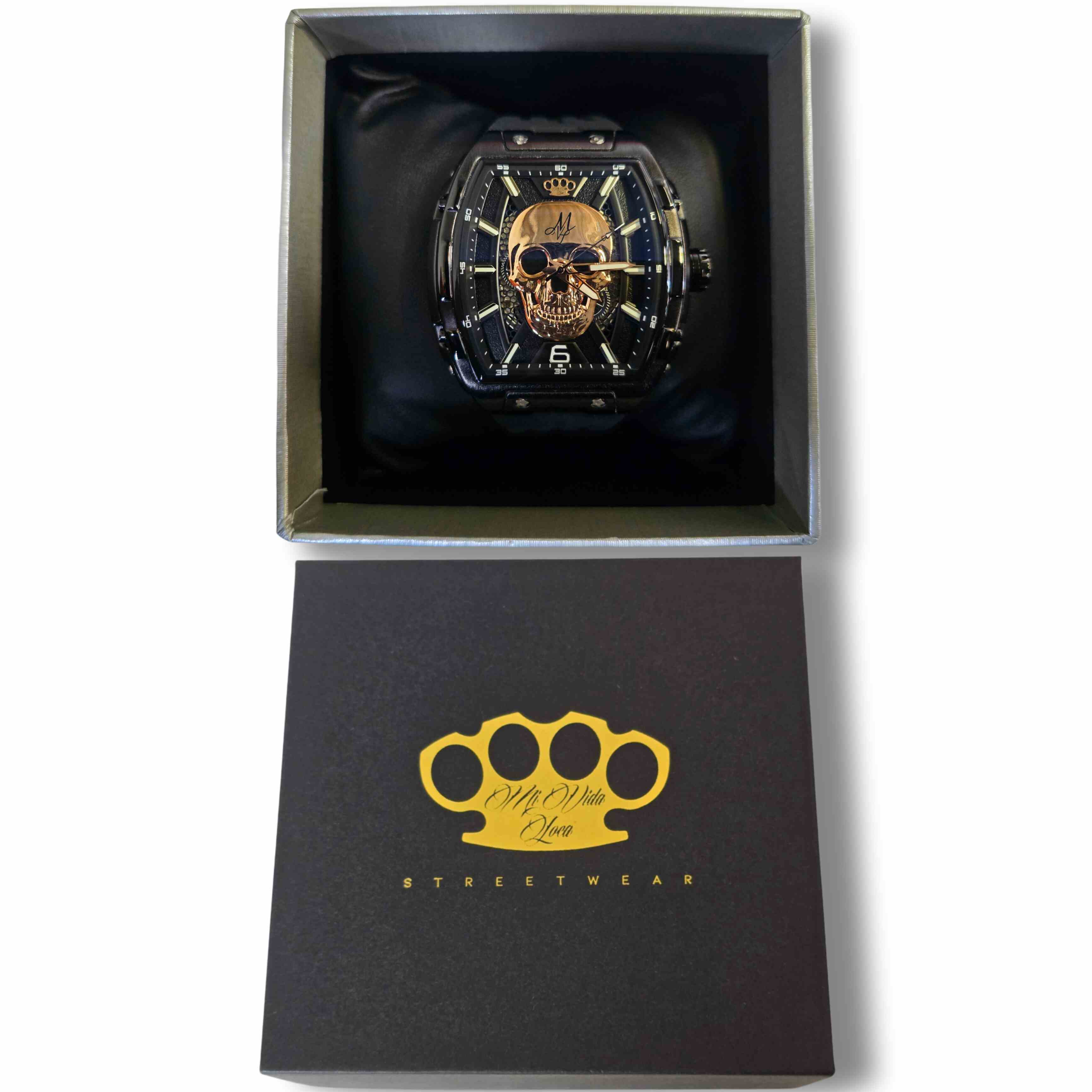 Orologio automatico MVL con teschio cinturino in silicone - nero/nero