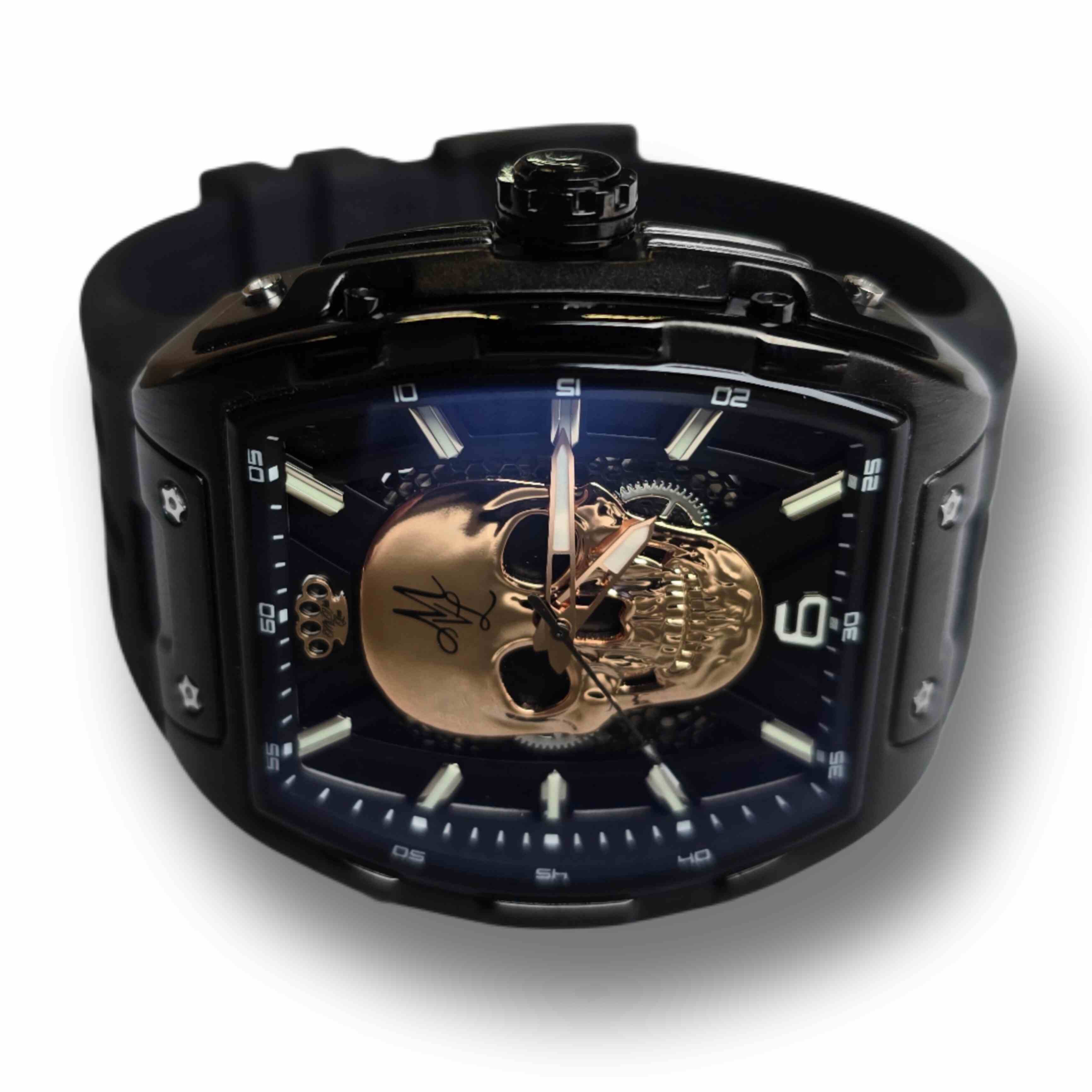 Orologio automatico MVL con teschio cinturino in silicone - nero/nero